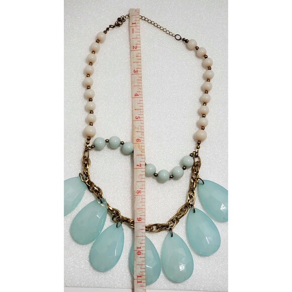 Statement Necklace & Earrings Set – Aqua Blue Teardrop Beads, Cream Floral... - Picture 9 of 13